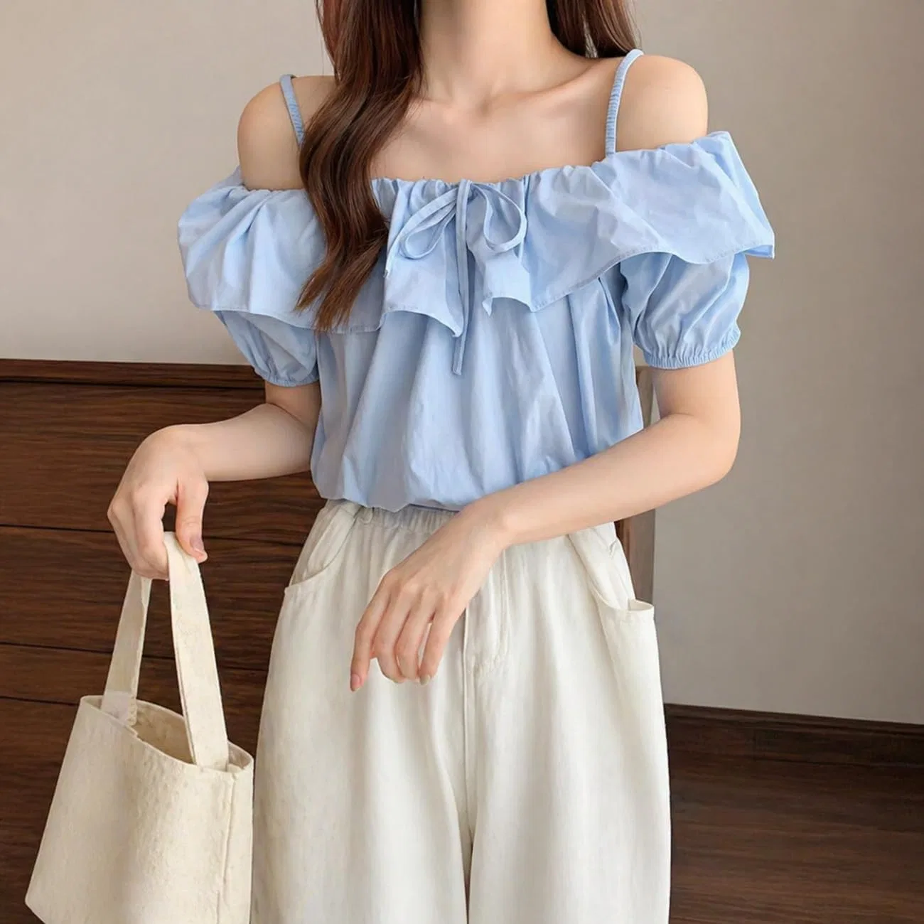 Блуза офф-шолдер с фриллами из коллекции Casual, синий — фото 2
