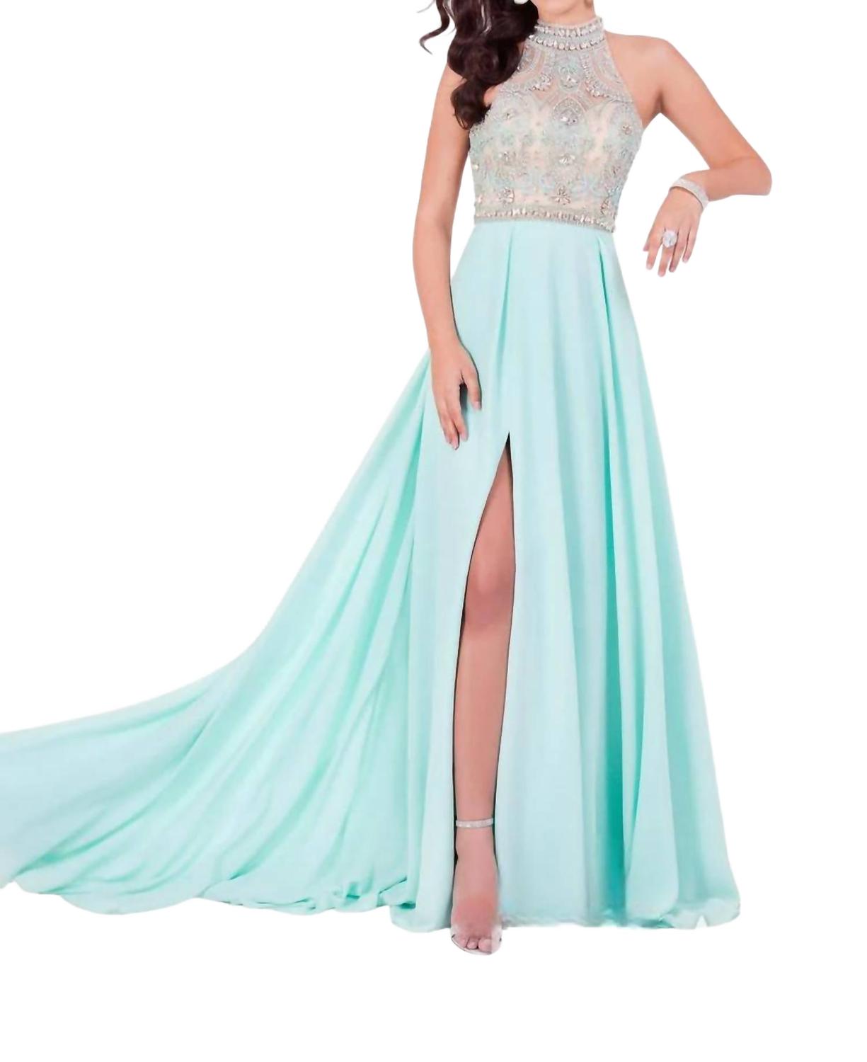 

Вечернее платье с бисером и бретелями в аква Terani Couture