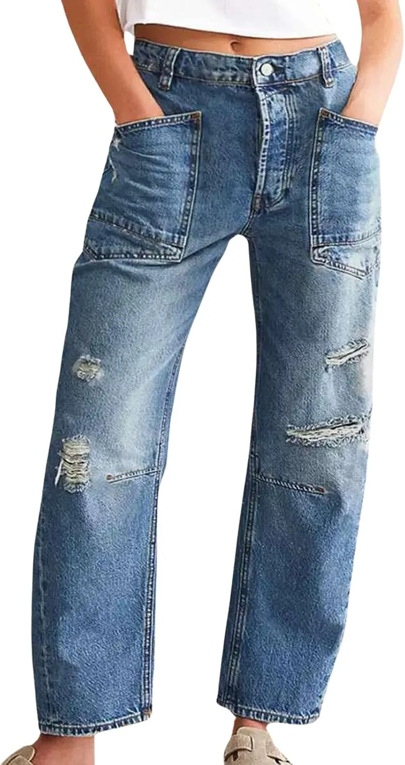 

Женские рваные джинсы Mid Rise с эффектом потертости Leyoutx