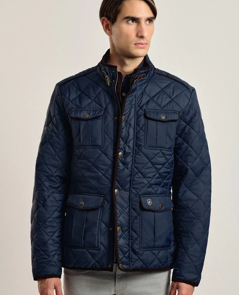 

Мужской стеганый пуховик темно-синего цвета с восковым эффектом Valecuatro