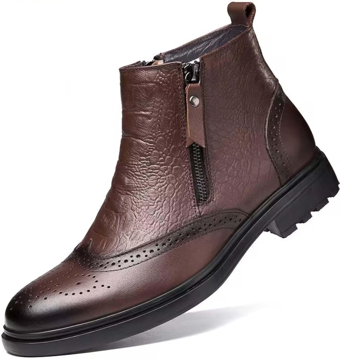 

Мужские винтажные зимние ботинки челси с двойной молнией и узором вингтип Generic, коричневый