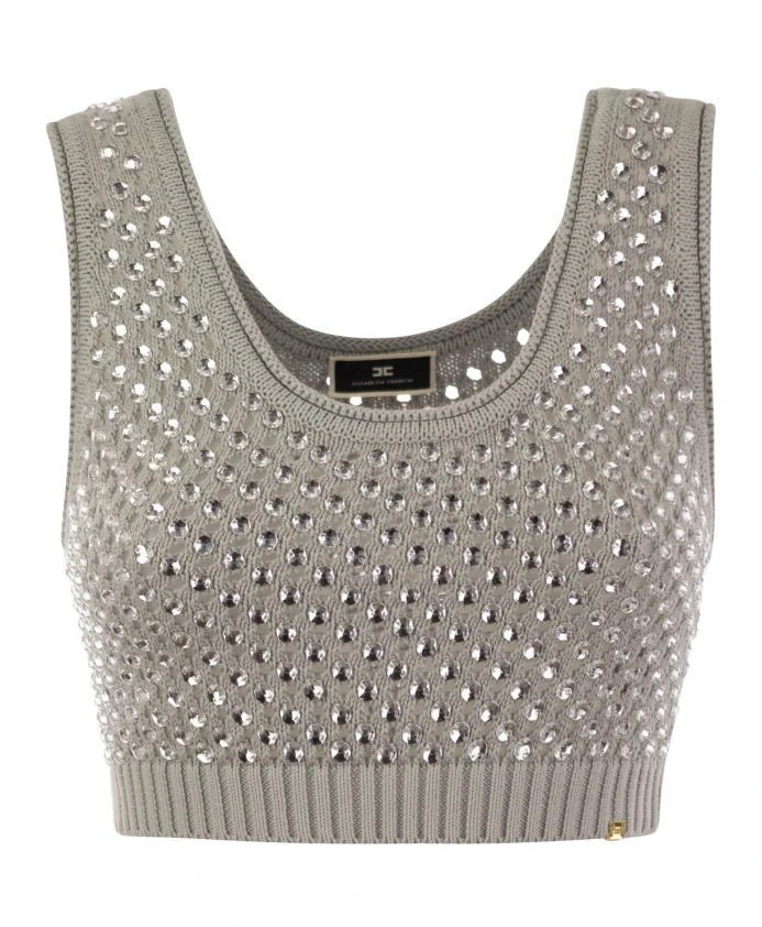 

Топ из хлопковой сетки со стразами Elisabetta Franchi, серый
