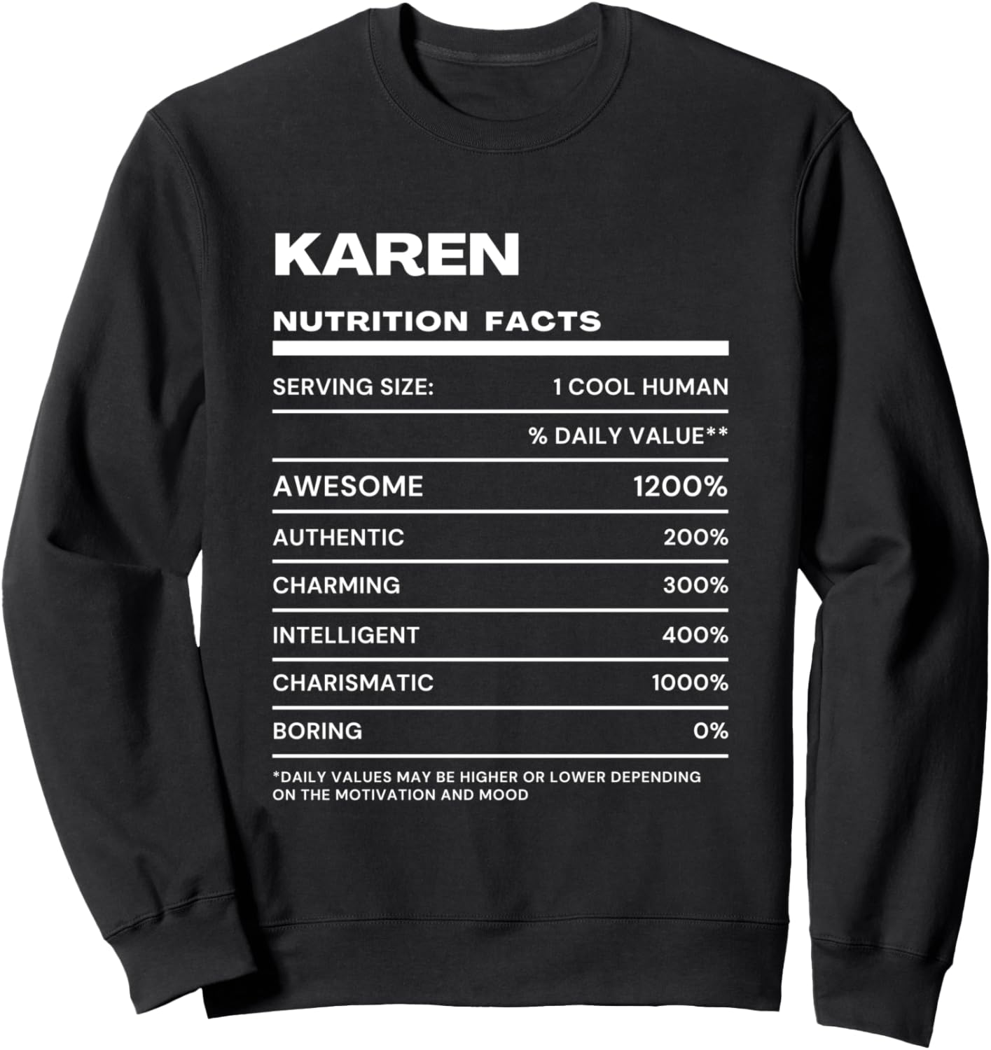 

Информация о питательной ценности продукта «Карен»: забавная толстовка с именем Karen Nutrition Facts Name Funny Birthday, черный