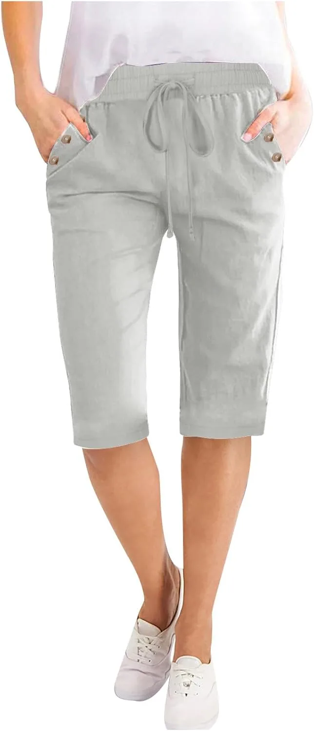 

Бермуды женские летние из хлопка и льна с эластичным поясом