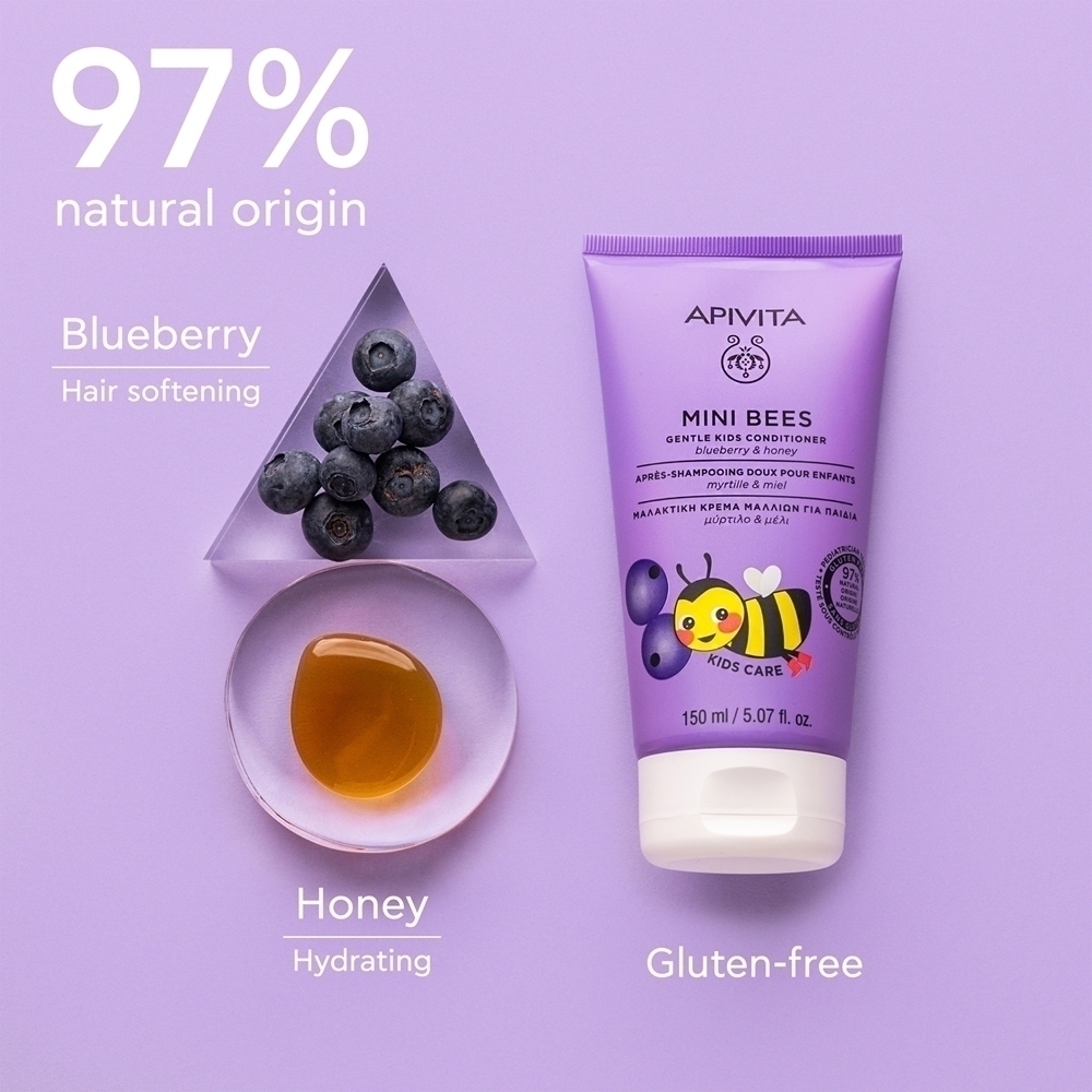 Кондиционер Mini Bees Gentle Kids с черникой и медом для детей Apivita, 150 мл — фото 3
