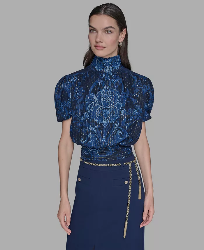 

Женский топ с металлизированным принтом и рукавами-буфами KARL LAGERFELD PARIS, синий