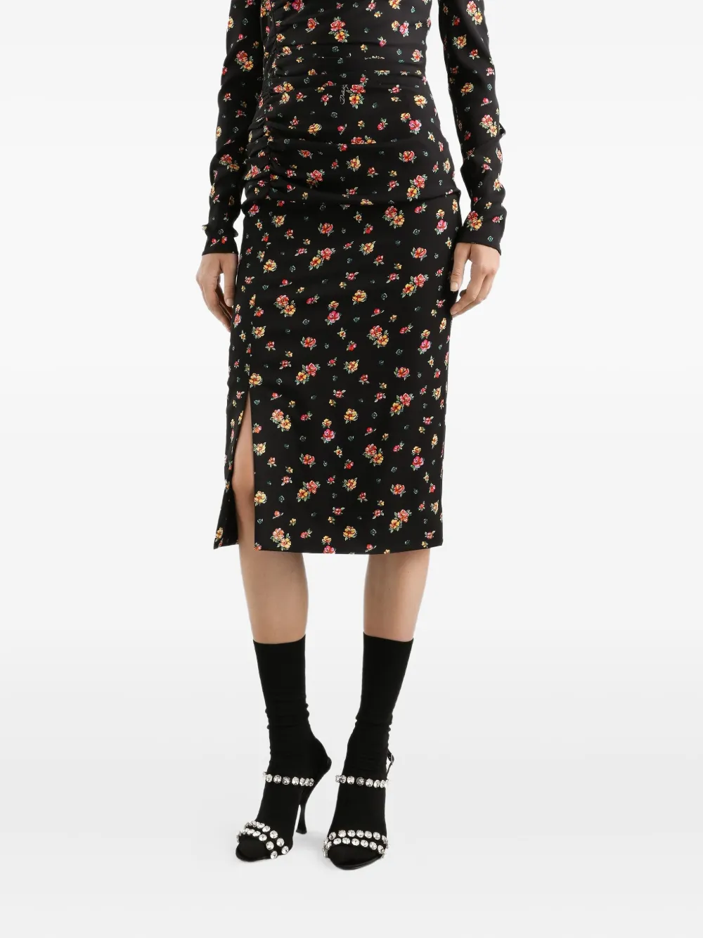 Платье миди с длинными рукавами и цветочным принтом Dolce & Gabbana, черный — фото 4