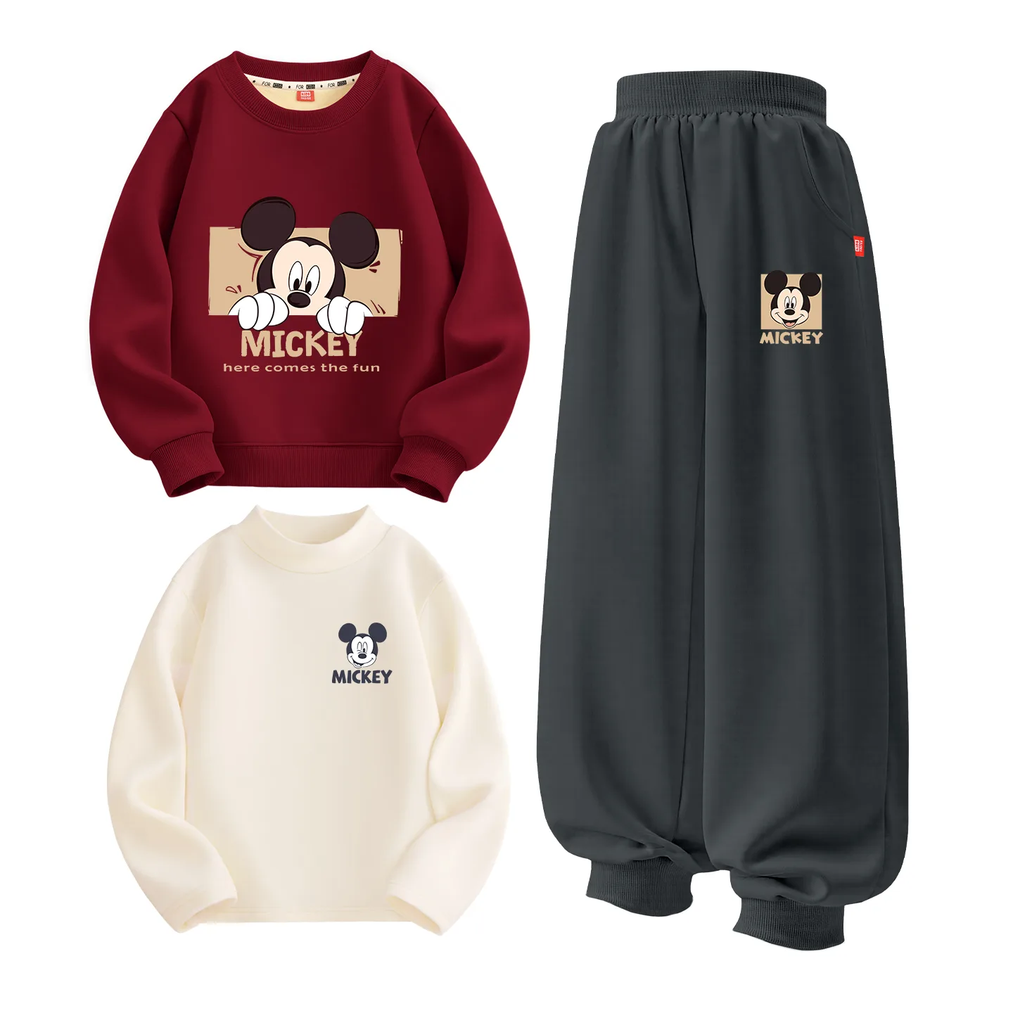 Детский спортивный костюм с круглым вырезом Disney, [Thickened and Fleece-Lined Three-Piece Set]Di Pongan Hand Chi Wine Red+Di Joy K Graphite Gray+Gt Di Big Smile K Milk White — фото 4