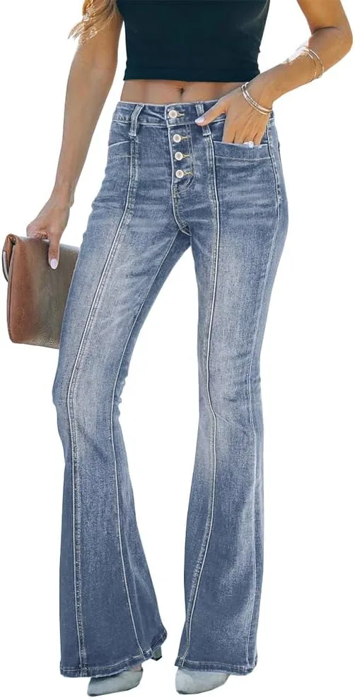 

Женские джинсы с высокой талией и расклешенным низом Vintage Stretch Denim с застежкой на пуговицах TACSTRUN