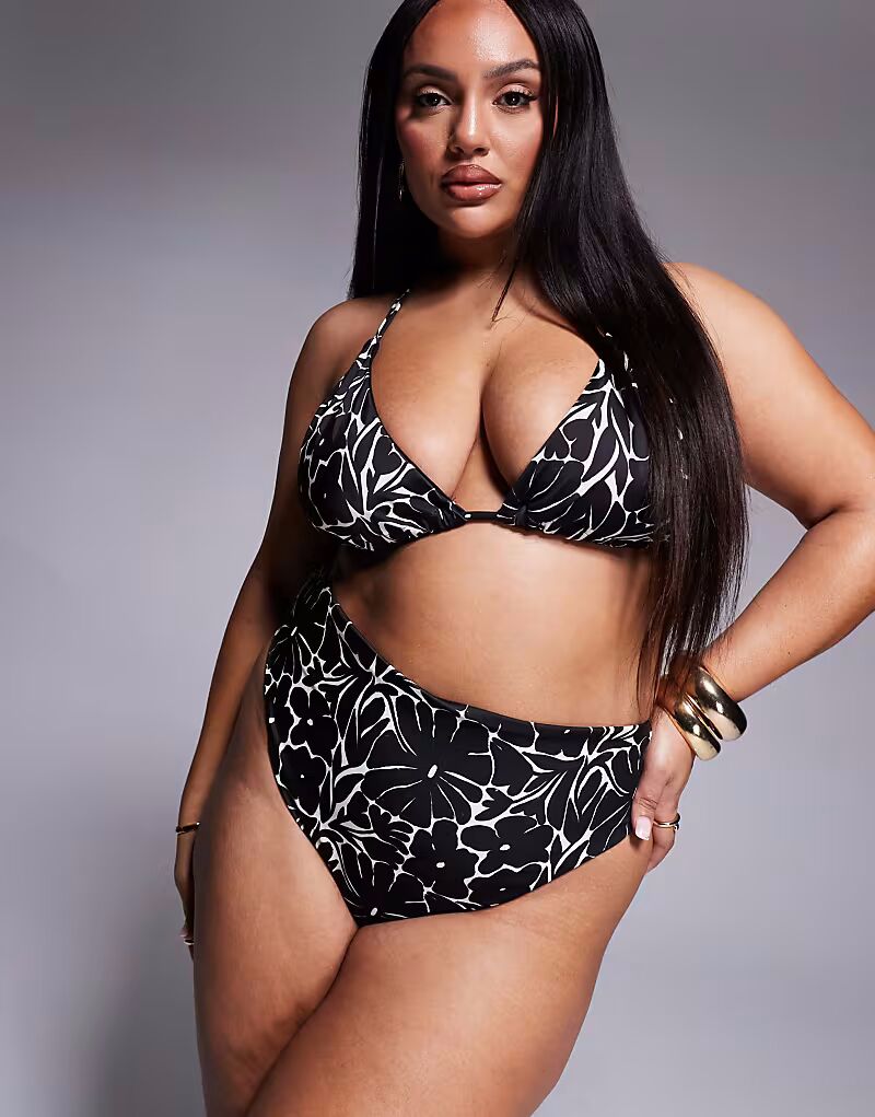 

Плавки бикини с завышенной талией и высоким вырезомс однотонным цветочным принтом Asos Curve