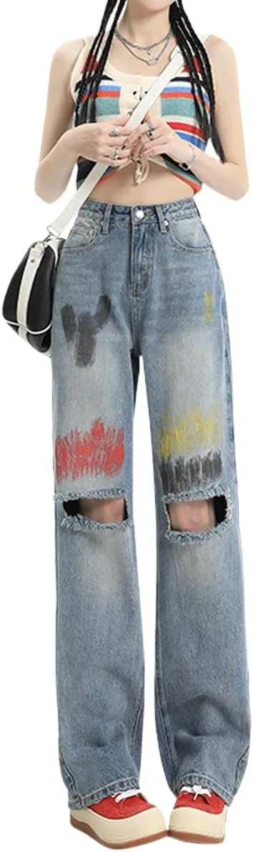 

Женские джинсы Y2K в стиле хип-хоп с эффектом потертости CBDAO