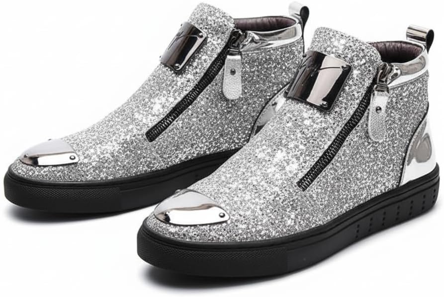 

Мужские модные кроссовки Glam Rock с блестками, увеличивающие рост на 5 см, для вечеринок и клубов, с металлическим носком и боковой молнией Ctkvbmeoi, серебро