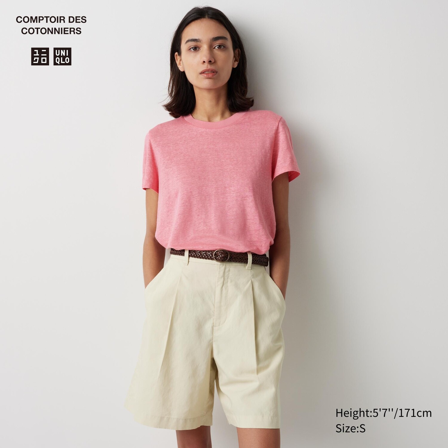 

Футболка с круглым вырезом из 100% льна UNIQLO, розовый