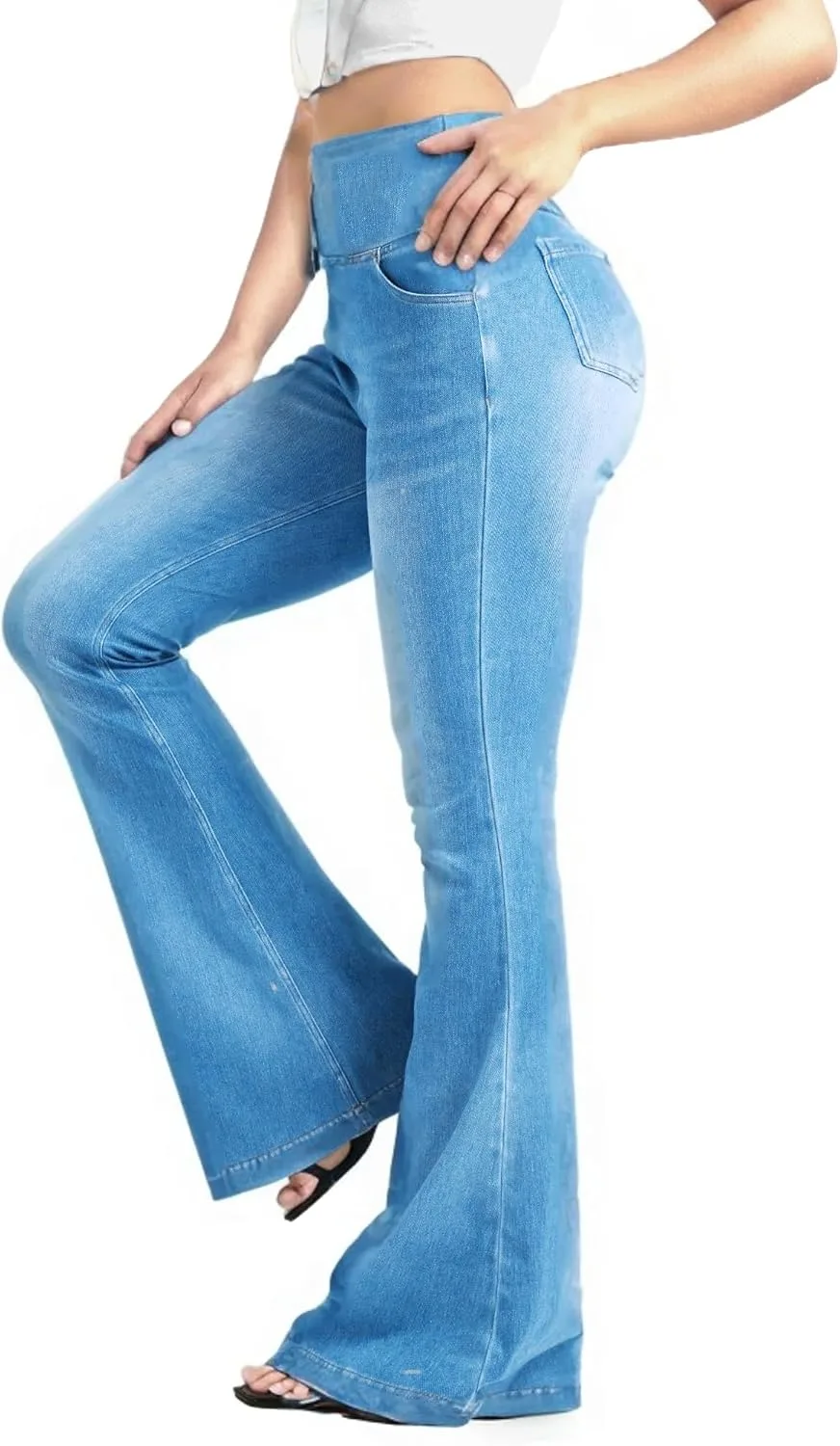 

BlueRose вязаные эластичные расклешенные джинсы для женщин, джинсы-леггинсы с карманами, высокая талия, на резинке, клеш, йога-штаны