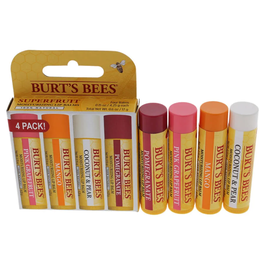 Увлажняющий бальзам для губ Superfruit от Burt's Bees для унисекс - 4 x 0,15 унции: бальзам для губ с гранатом 0,15 унции, бальзам для губ с кокосом и грушей 0,15 унции, бальзам для губ с манго 0,15 унции