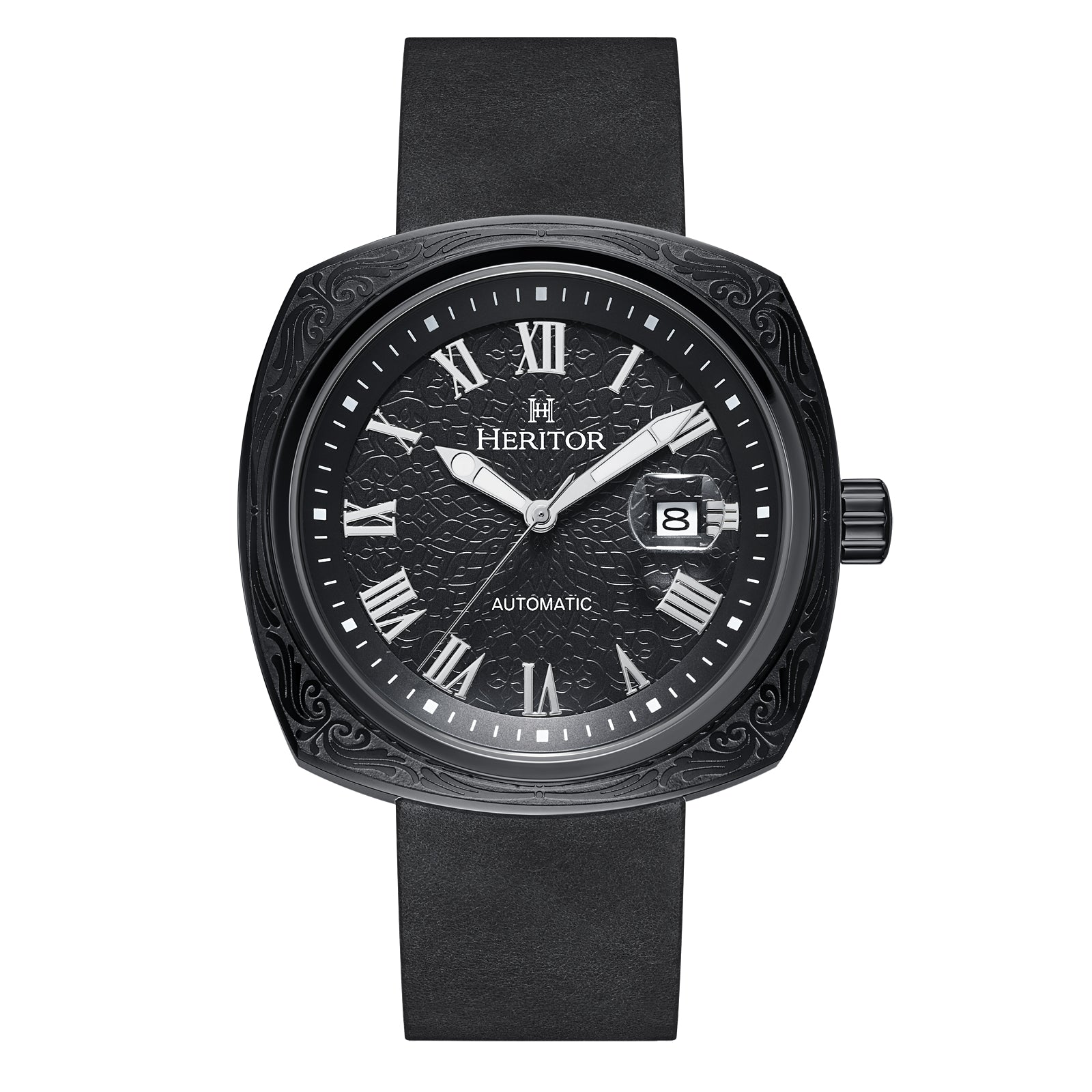 

Часы Davenport с гравированным корпусом, кожаным ремешком и датой Heritor Automatic, черный
