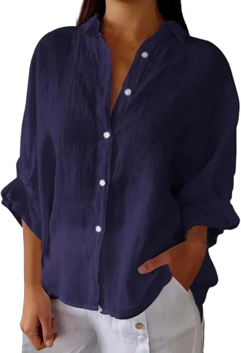 Блуза, хлопок и лен, Women Button Down Shirt, темно-синий