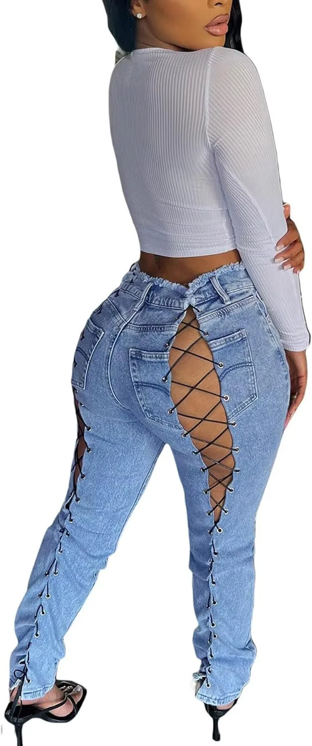 

LROSEY Women’s Skinny Lace Up Jeans y2k с рваными деталями и шнуровкой