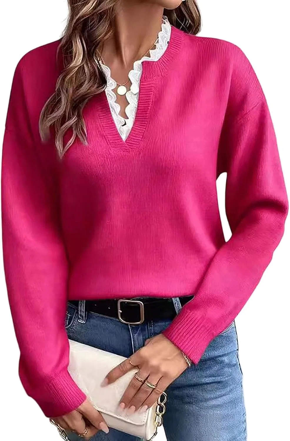 Свитер пуловер с V-образным вырезом, кружевной отделкой, Hot Pink