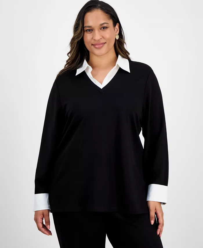 

Большой размер свитера Serenity Knit Two-Fer Jones New York, черный