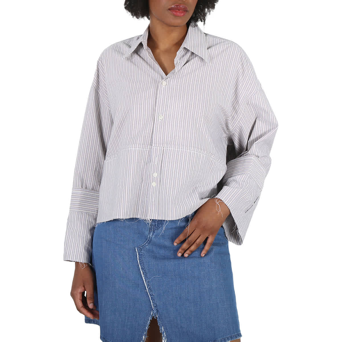 

MM6 Maison Margiela Ladies Striped Cotton Cropped Shirt, серый/светло-голубой