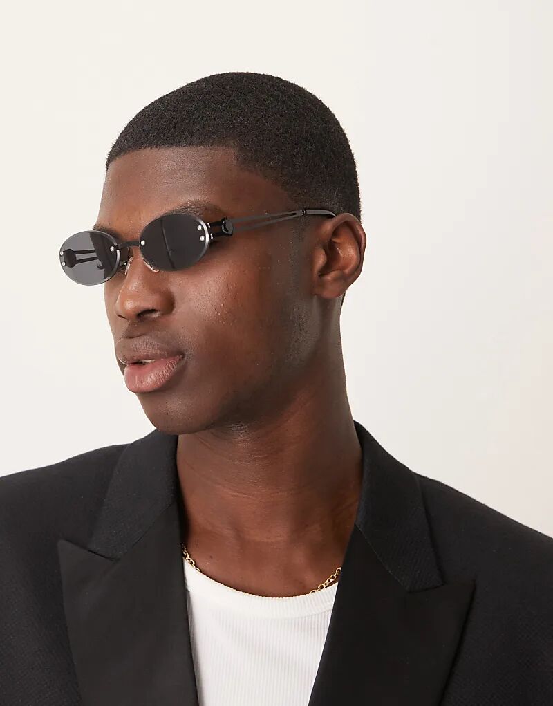 

Солнцезащитные очки ASOS DESIGN овальной формы без оправы с дымчатыми линзами и черной металлической оправой