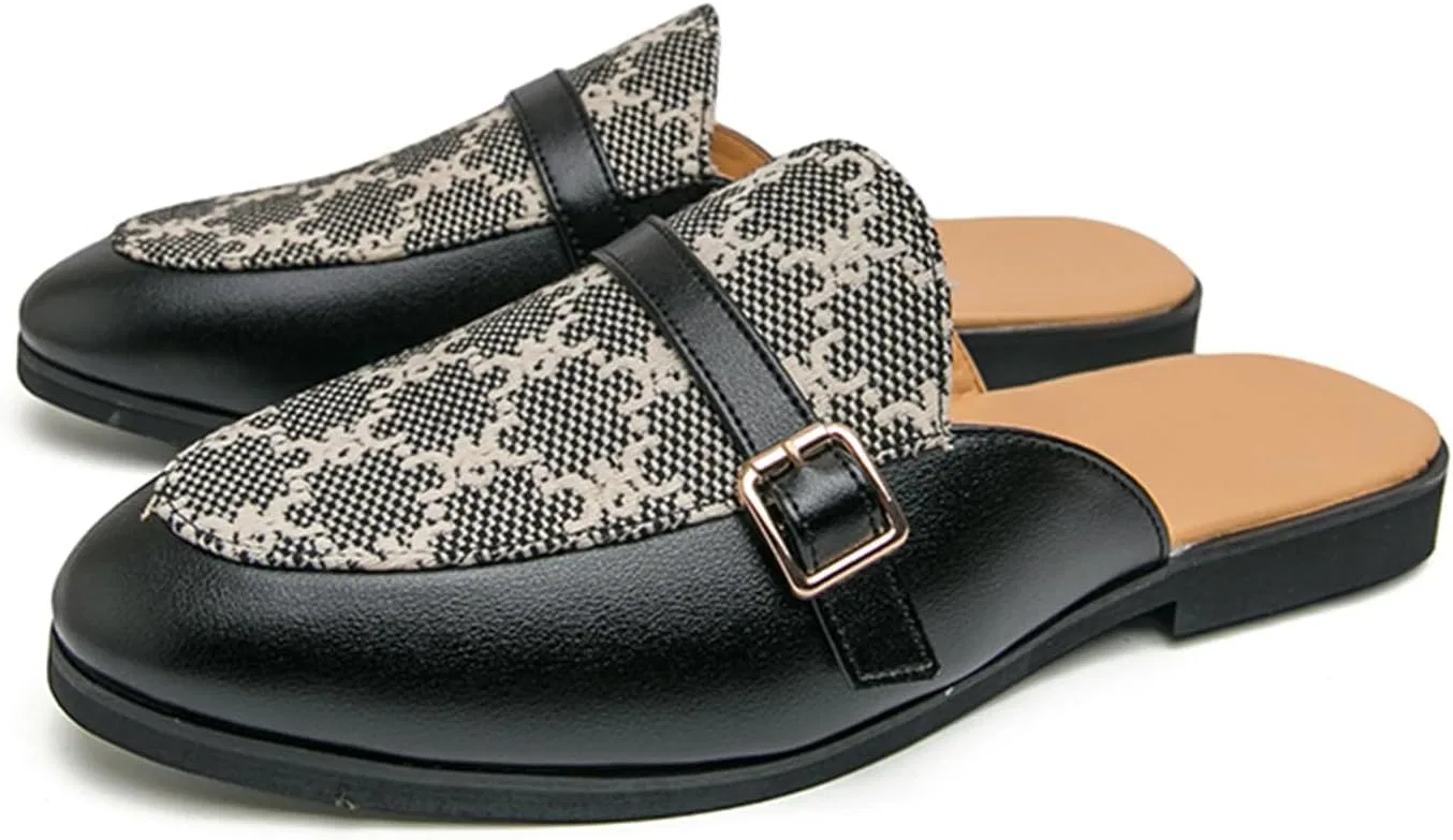 Мужские мюли с принтом, тканевые, с металлической пряжкой, Loafers Slip On, круглый носок, плоский каблук, легкие, повседневные, черные JSDWNDO