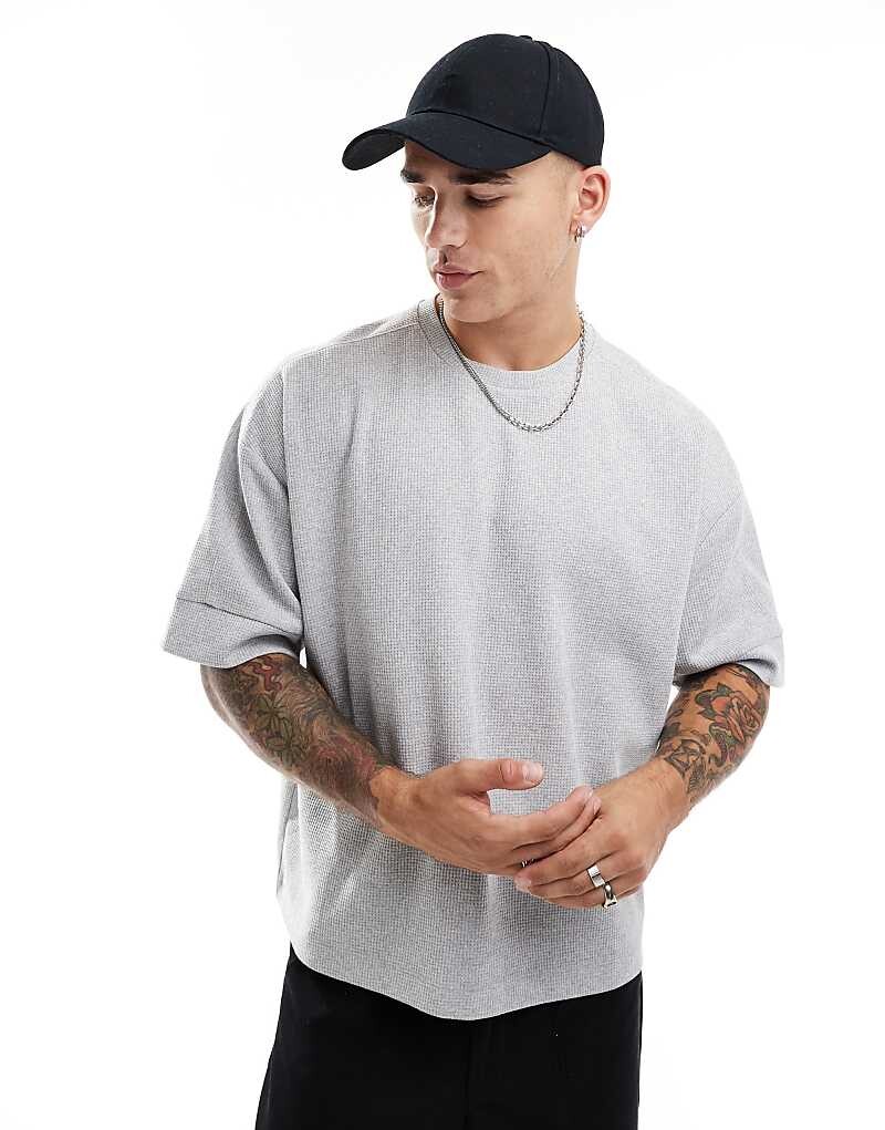 

Футболка свободного кроя с вафельной текстурой и строчкой ASOS DESIGN серо-лаймового цвета