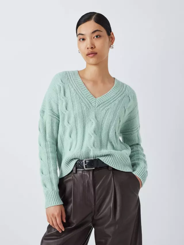 

Джемпер John Lewis V-Neck Soft Cotton Blend Cable Knit, цвет sagebrush/green