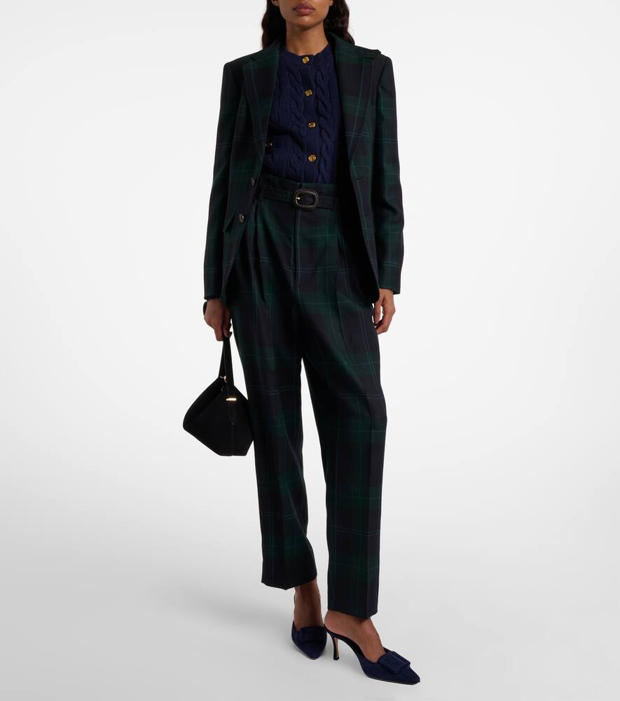 Брюки зауженные высокие с поясом из шерсти в клетку Polo Ralph Lauren, Green Navy Multi Tartan — фото 2