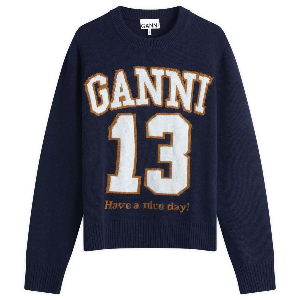 

Графитовый шерстяной бейсбольный джемпер Ganni, цвет sky captain