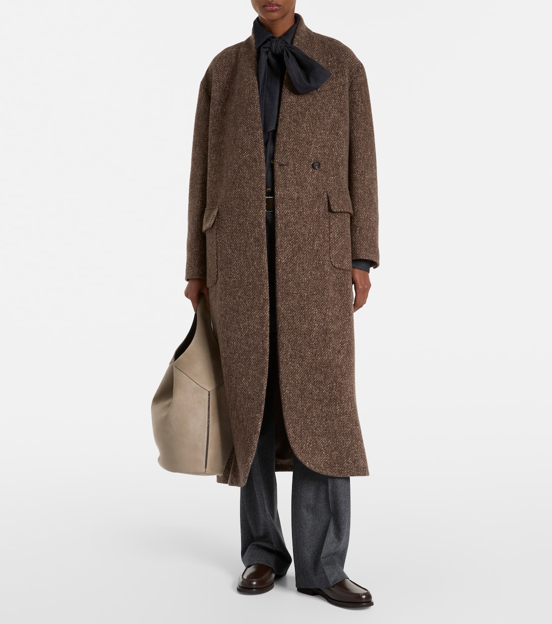 Пальто из шерсти и кашемира с поясом Brunello Cucinelli, Brown Multi — фото 2