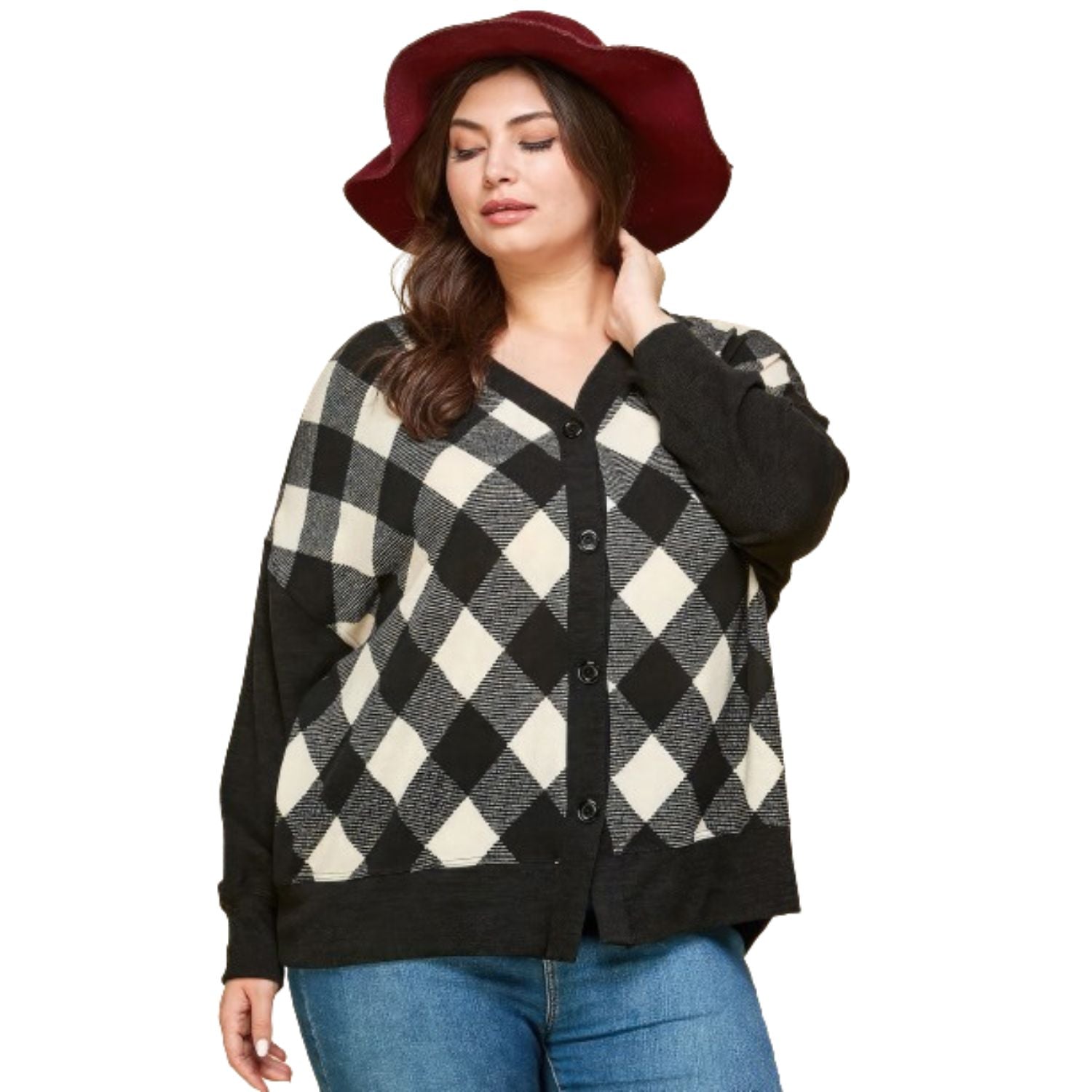 

Большой размер Buffalo Plaid Knit кардиган на пуговицах большого размера FASHNZFAB, белый/черный