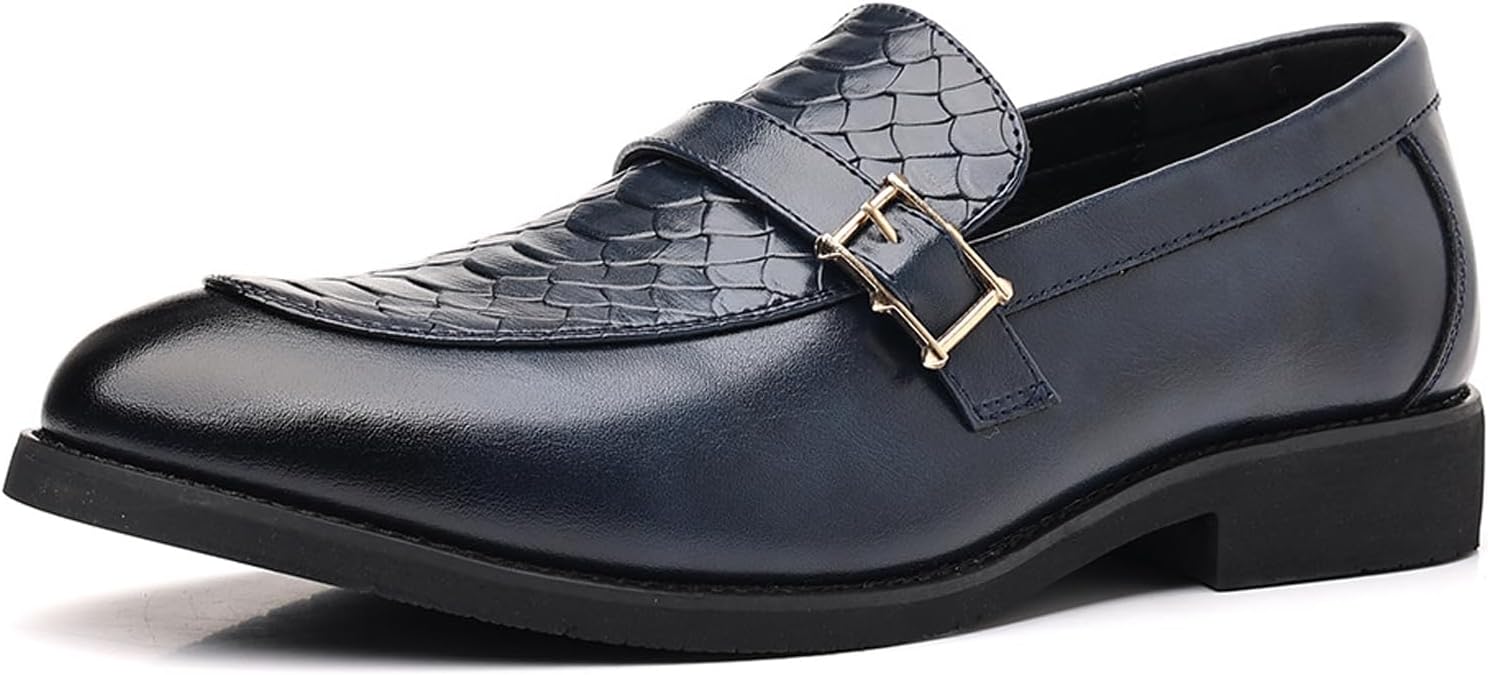 

Мужские лоферы с фактурным массивным каблуком, ретро-стиля, классический заостренный носок, декоративная пряжка, нескользящая подошва, без шнурков, кожаные для свадьбы, работы, офиса Fifilapin, синий