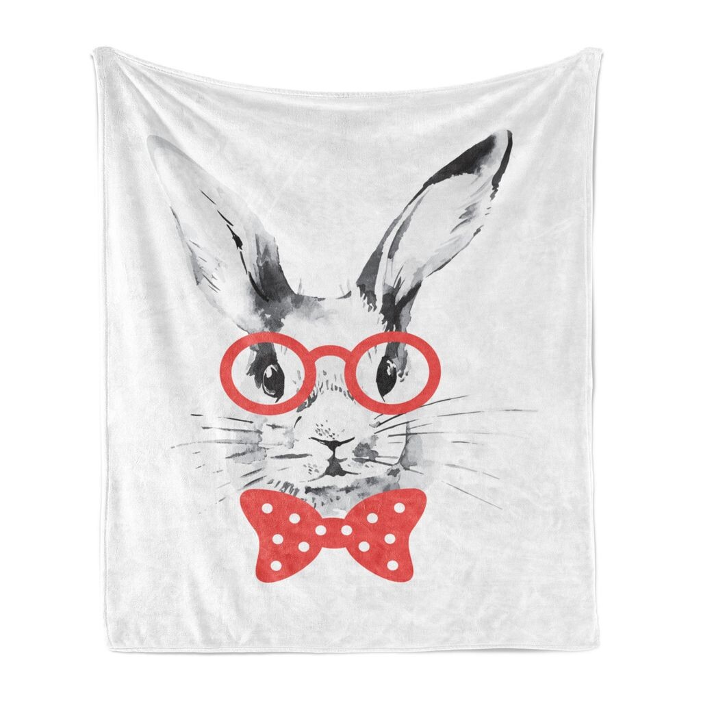 

ABAKUHAUS Rabbit Мягкое фланелевое флисовое одеяло, «Танистый кролик в очках и галстуке-бабочке», ручная роспись, 175 x 230 см, серый