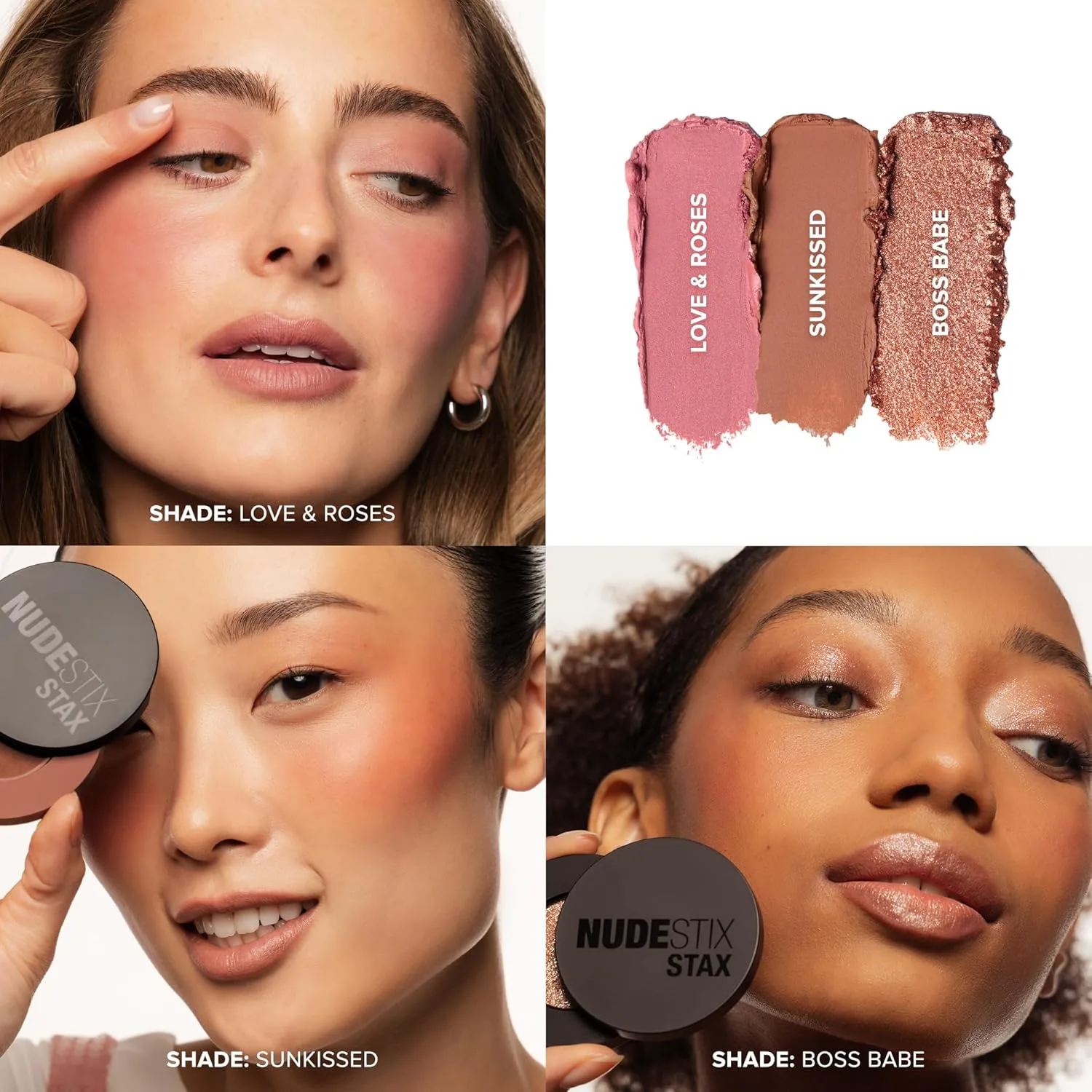 Кремовые румяна Nudestix STAX All Over Color Blush Balm - многофункциональные кремовые румяна для щек, глаз и губ с мягким матовым финишем., Love & Roses, Sunkissed, Bossbabe — фото 4