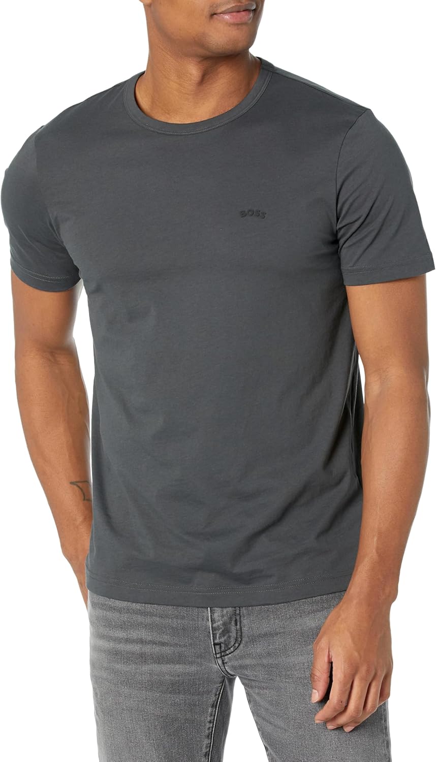 

Мужская хлопковая футболка с короткими рукавами и контрастным изогнутым логотипом BOSS, Asphault Grey, Серый, Мужская хлопковая футболка с короткими рукавами и контрастным изогнутым логотипом BOSS, Asphault Grey