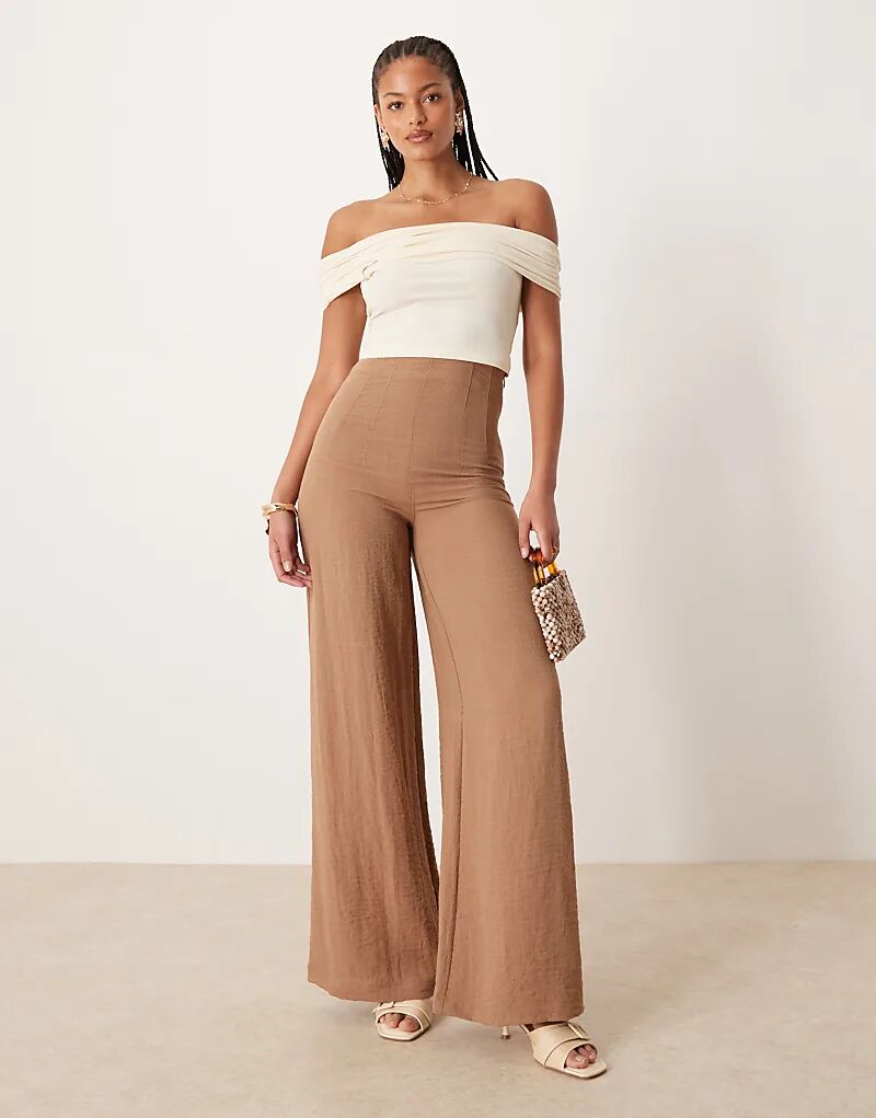 

Брюки-корсеты с высокой талией из жатой льняной смеси ASOS DESIGN, серо-коричневый цвет