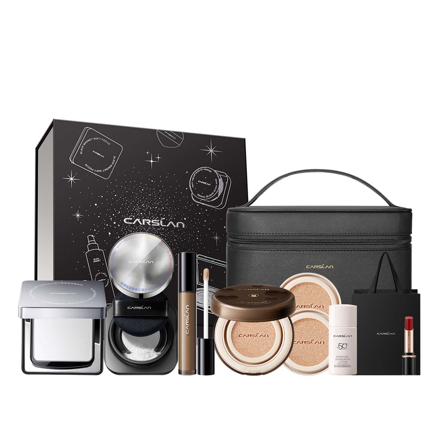 

Набор макияжа для создания полного образа с эффектом матовости и естественного сияния кожи Carslan