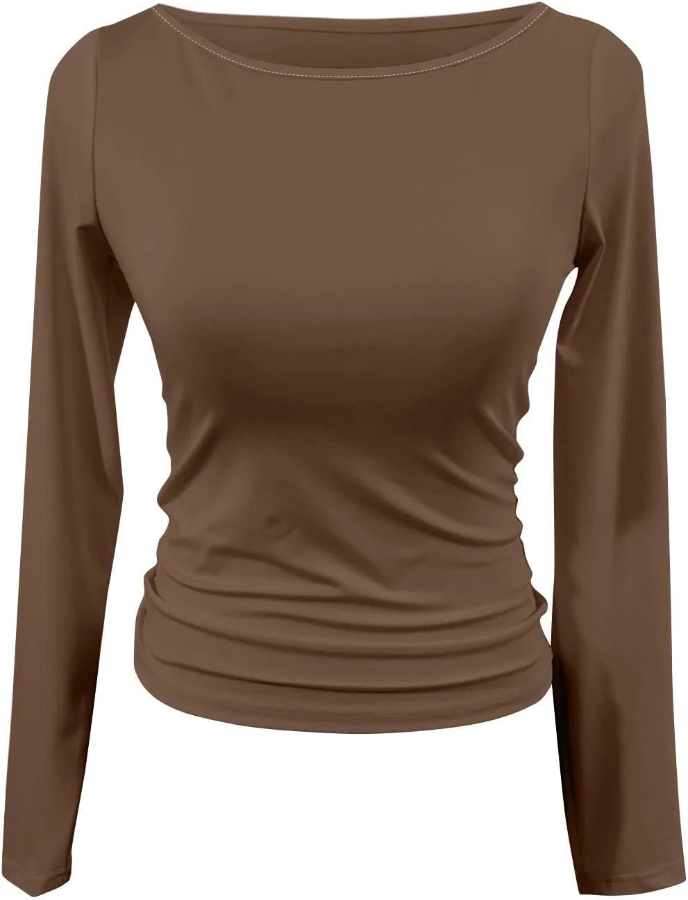 Женская футболка с длинным рукавом, лодочка, облегающая, однотонная, Camel, XS-XL — фото 3