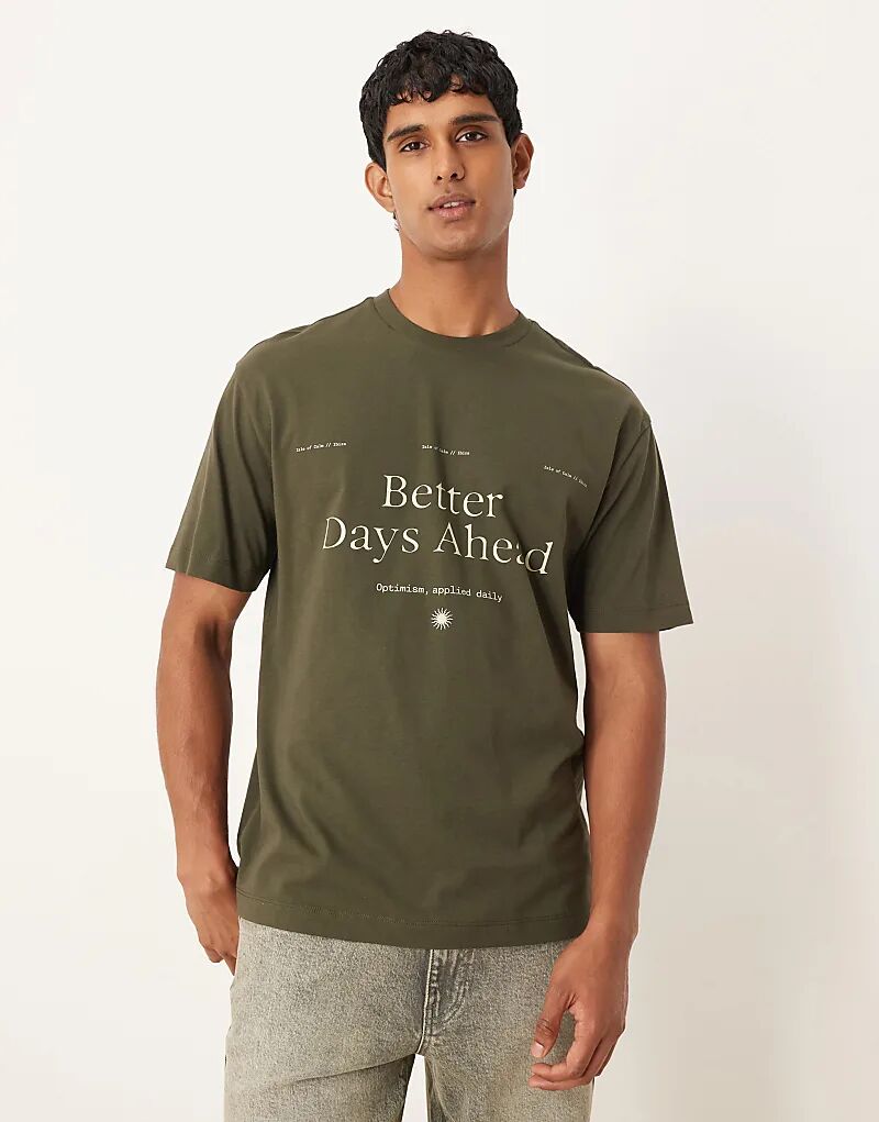 

Свободная футболка ASOS DESIGN с текстовым принтом зеленого цвета