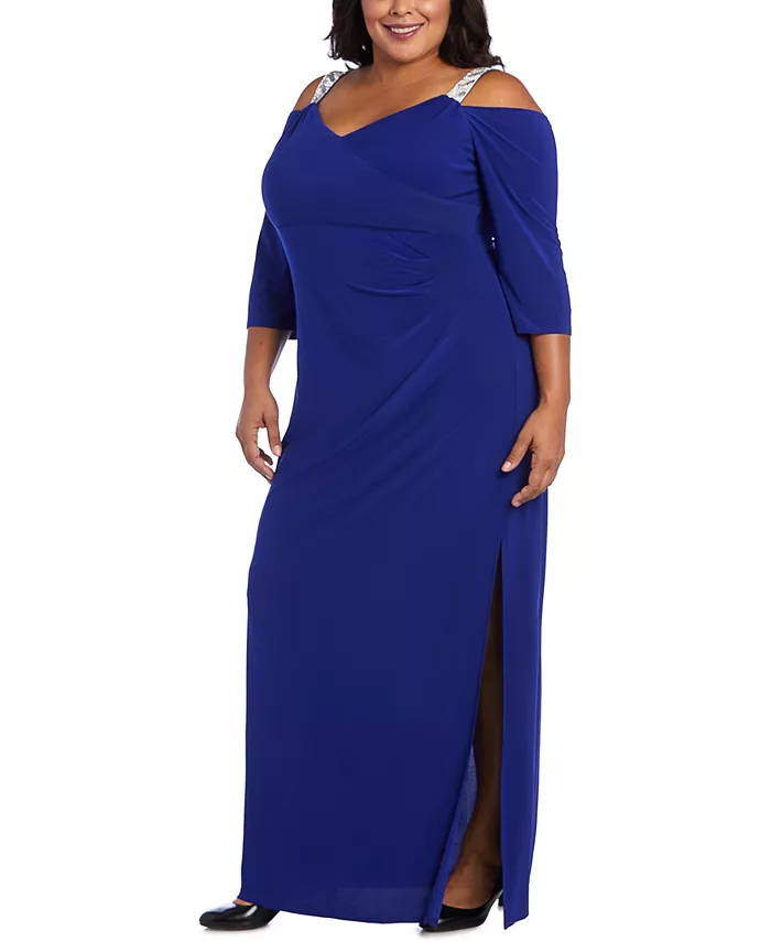 

Платье с холодным плечом и декором Plus Size R & M Richards, синий