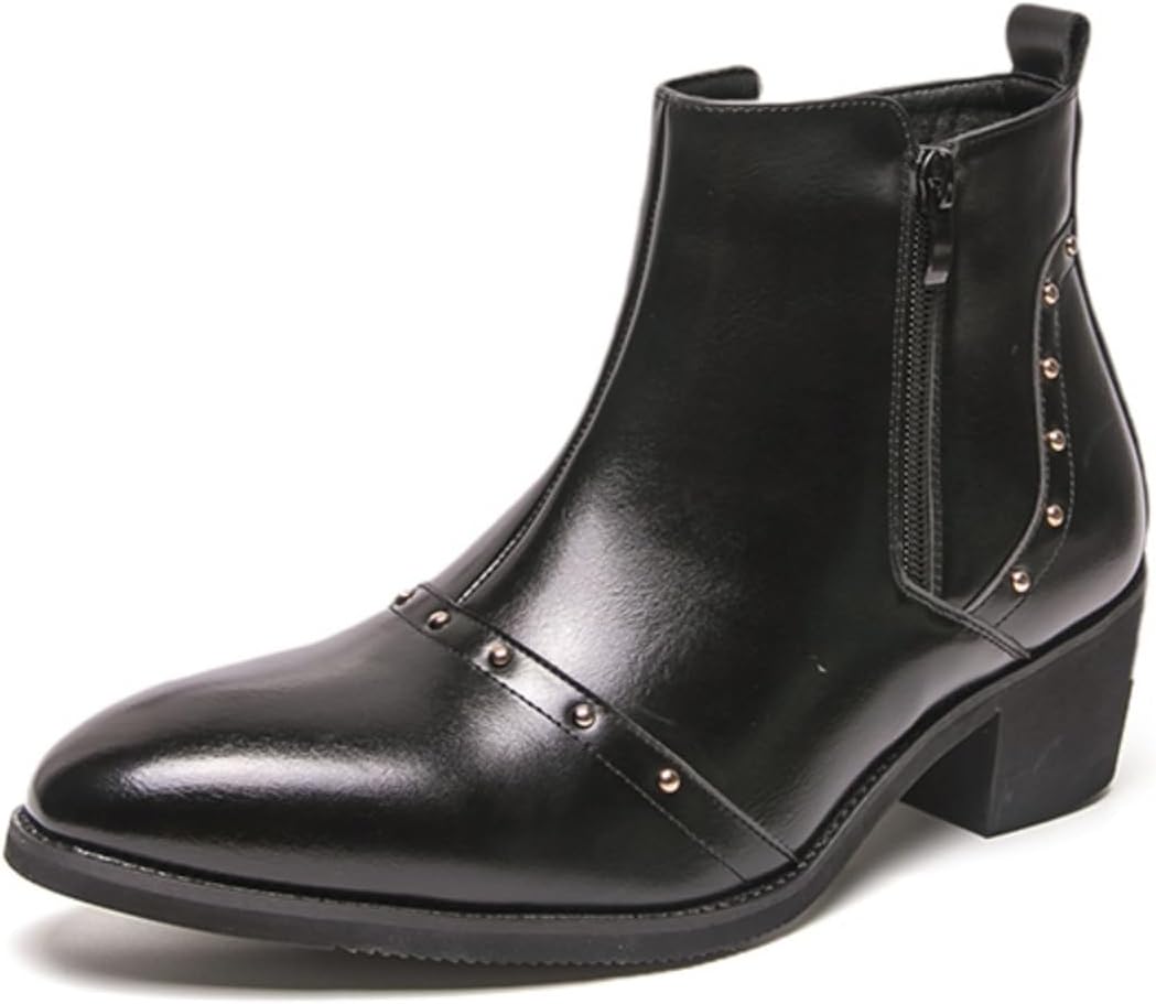 

Мужские модные кожаные ботинки с массивным каблуком, на молнии сбоку, высокие ковбойские челси с заостренным носком, нескользящие повседневные туфли для официальных мероприятий, бизнеса и свадеб Qwuieoin, черный
