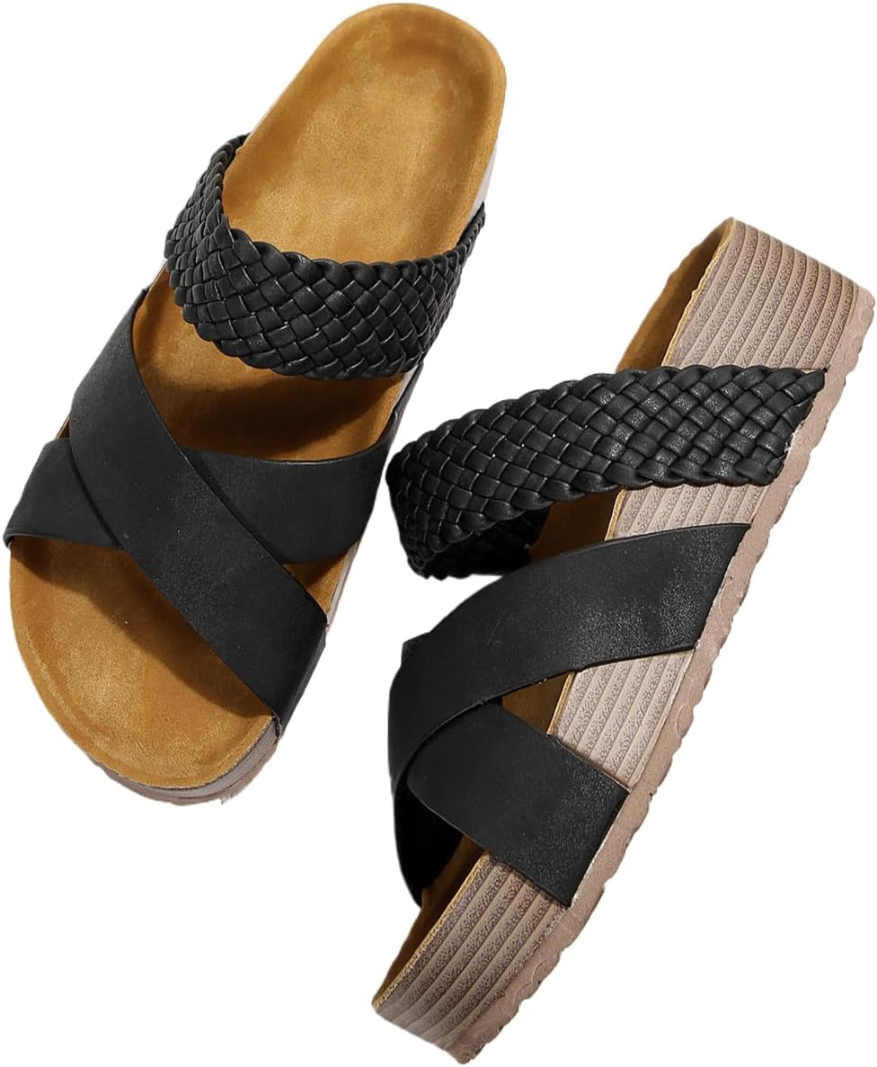 

Женские сандалии LokoLucx Пляжные сандалии из искусственной кожи с резиновой подошвой, толстым каблуком, переплетенными ремешками, повседневные однотонные шлепанцы, летняя платформа, большой размер, модные шлепанцы, черный