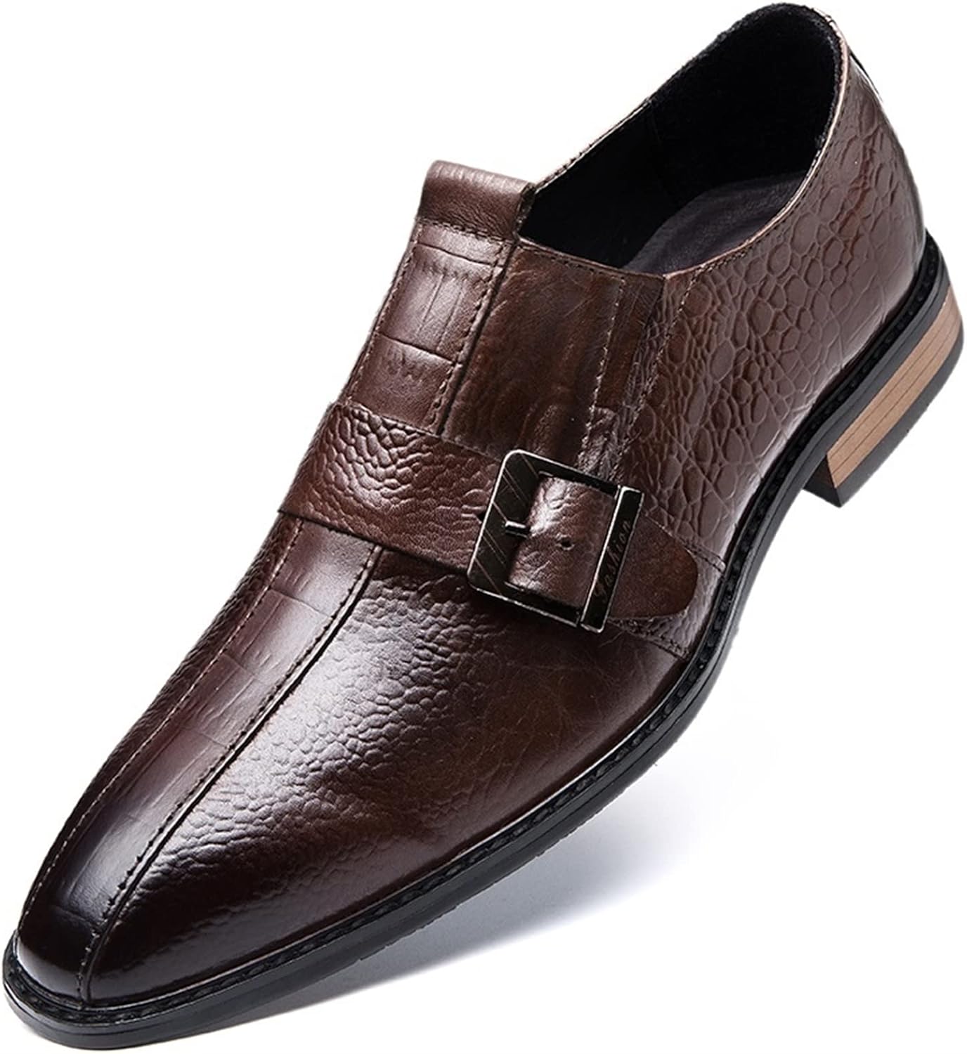 

Мужские туфли на выход слипоны с монк-ремнем, крокодиловый принт, теплая отделка, квадратный носок, кожаные, противоскользящие, низкий каблук, повседневные (Цвет: черный, Размер: 6.5) Evser