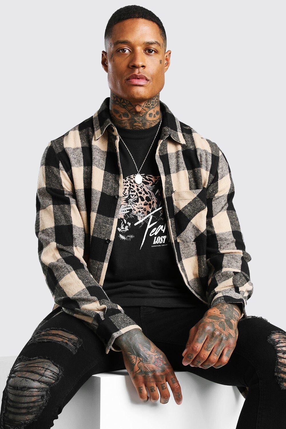 

Рубашка в длинную верблюжную клеточку Boohoo, кэмел