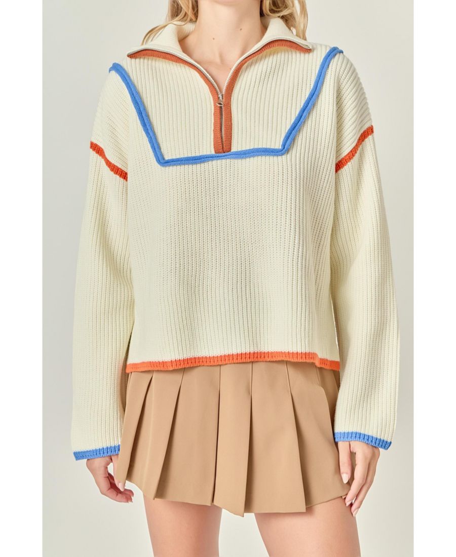 

Женский свитер с контрастной окантовкой и застежкой-молнией до середины груди English Factory, Ivory multi