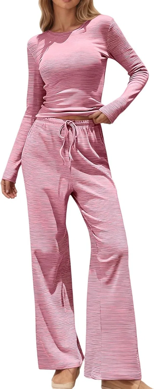 Женский спортивный костюм с полосками, топ и широкие брюки, Hot Pink