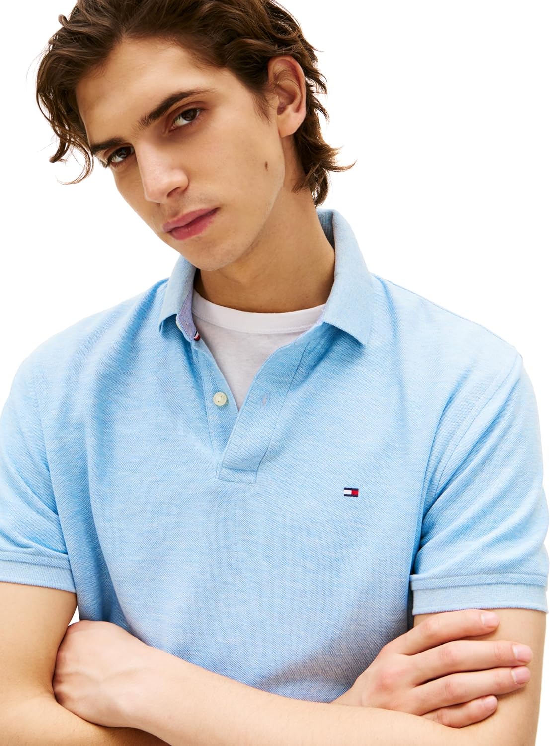 Мужская рубашка-поло Tommy Hilfiger с короткими рукавами, влагоотводящая, эластичная, быстросохнущая, с защитой от ультрафиолета, Light Blue Heather — фото 2