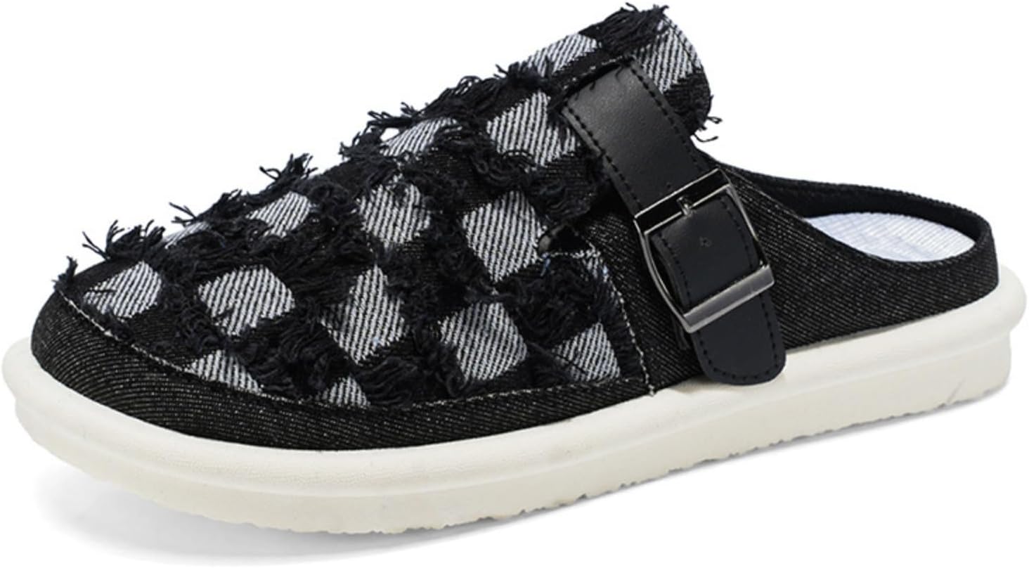 

Тапочки из джинсовой ткани с шахматным узором, стильные, для дома, сада, прогулок, путешествий и повседневной носки, с регулируемым задником, эргономичной стелькой, противоскользящие, легкие, в стиле мюлей Ctkvbmeoi, черный